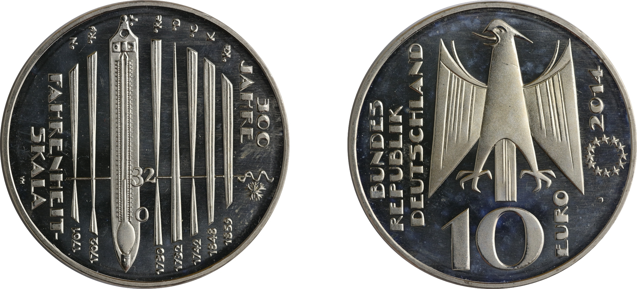 Die 10-Euro-Gedenkmünze „300 Jahre Fahrenheitskala“ aus dem Jahr 2014